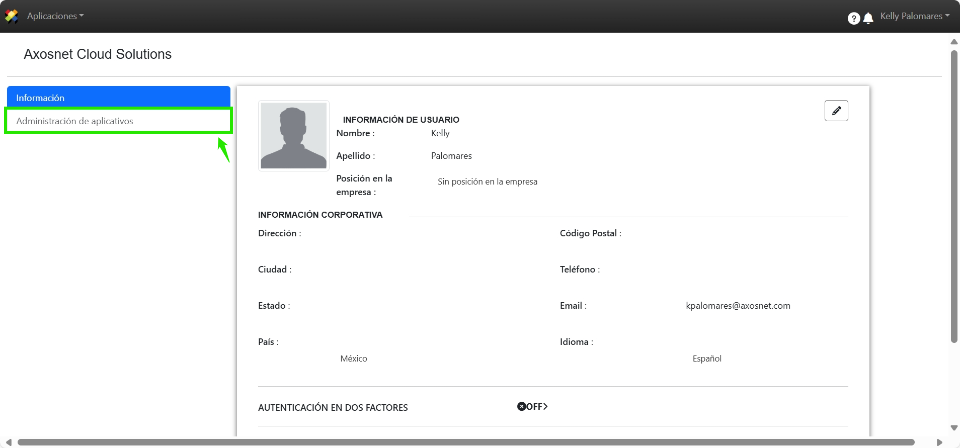 Menú lateral con 'Administración de aplicativos'